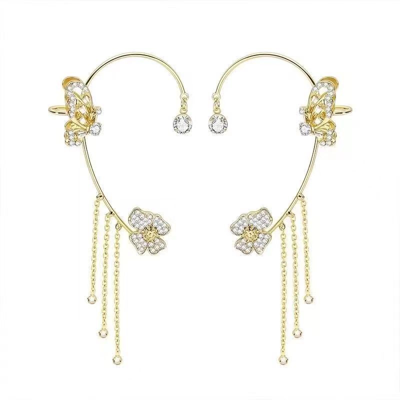 High-end diamond-encrusted flower earrings with one-piece ear hooks