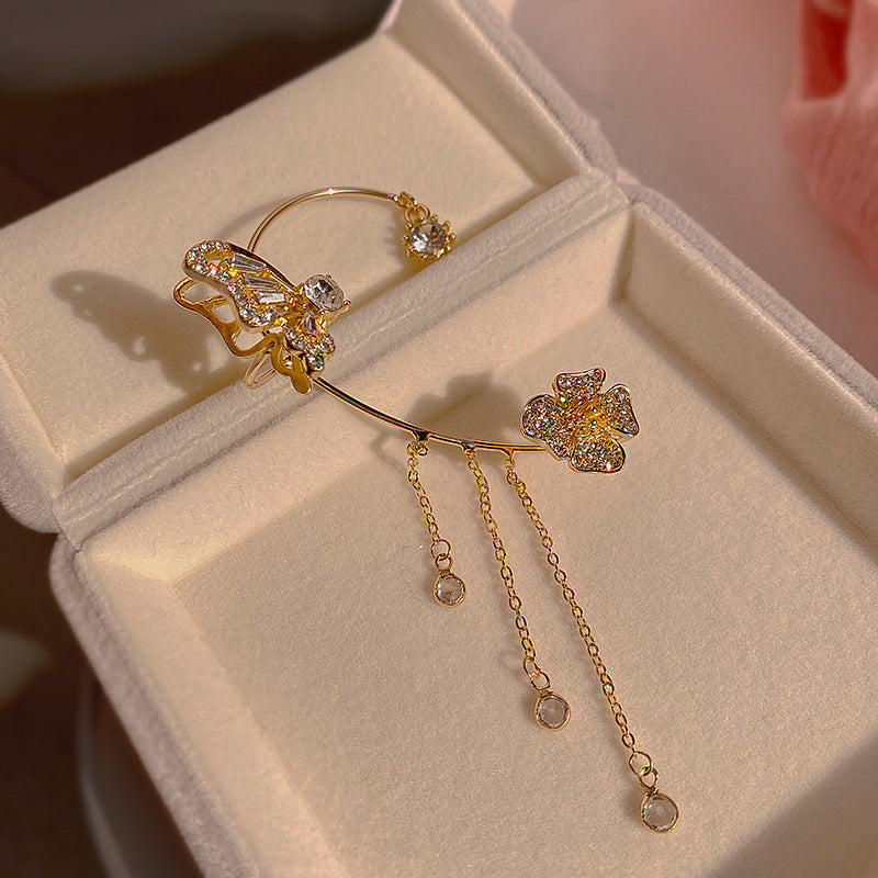 High-end diamond-encrusted flower earrings with one-piece ear hooks
