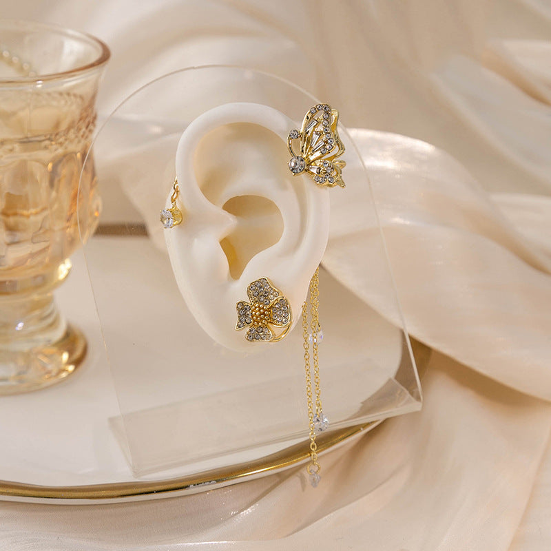 High-end diamond-encrusted flower earrings with one-piece ear hooks